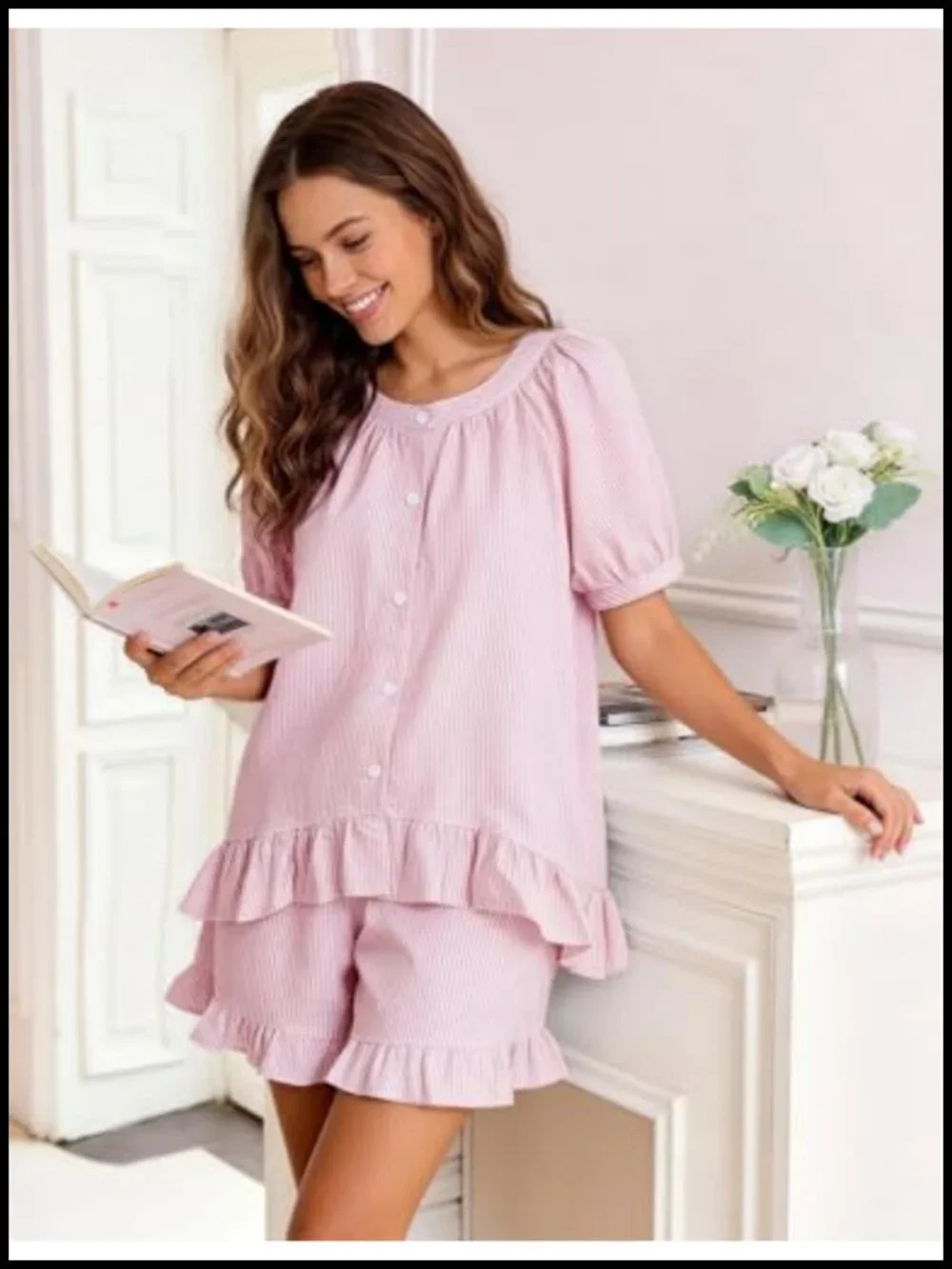 Cotton Striped Ruffle Pajama Set Button Down Babydoll Top Shorts
